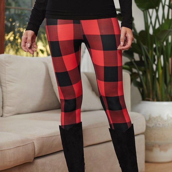 Black Red Buffalo Check Plaid Leggings - Picture 2 of 11